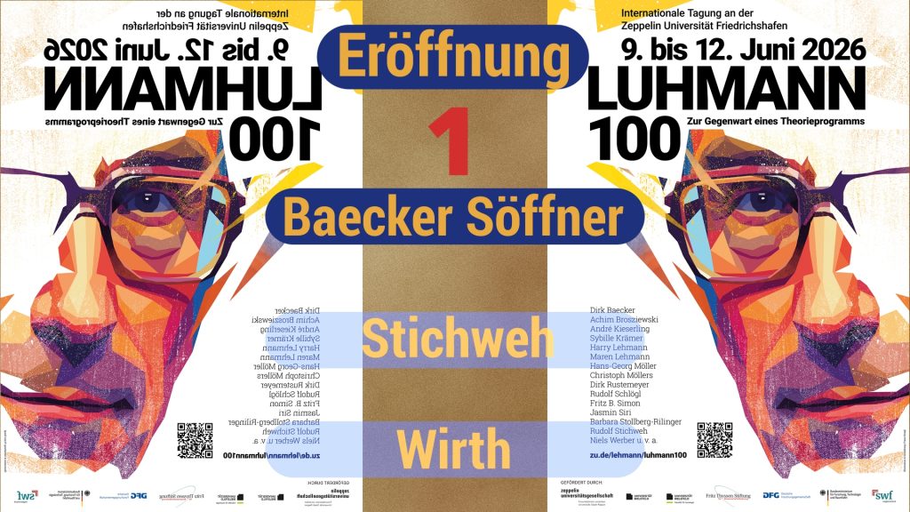 Konferenzplakat „Luhmann 100“ mit buntem, stilisiertem Porträt, Juni 2026 an der Zeppelin Universität.
